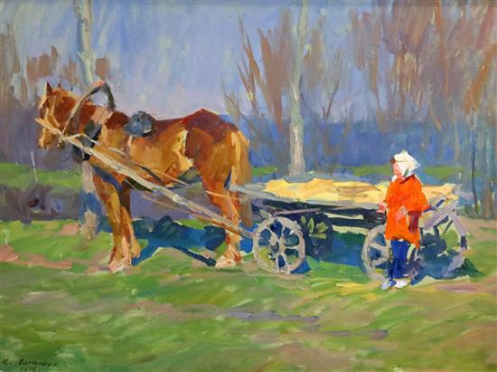 Konstantin Lomikin (Russian, b.1924) On the way to market 24 x 32in.
